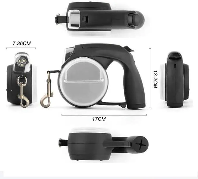 Retractable Adjustable Multifunctional 5 in 1 Dog Leash with LED Light Waste Bag Dispenser Pet